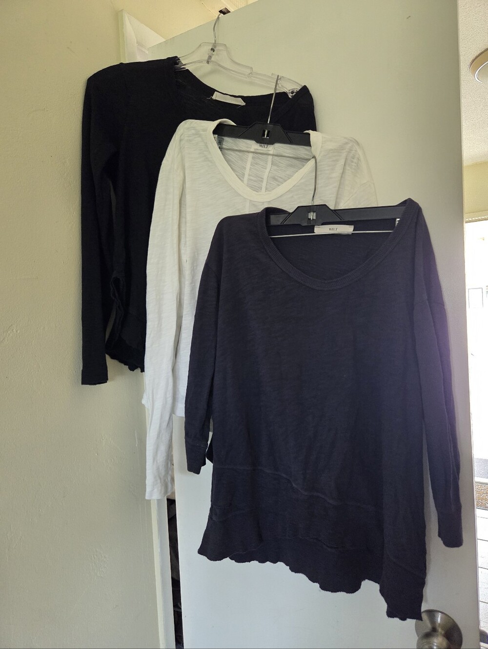 WILT %100 Cotton  Three Lightweight Long-Sleeve Tops Black, White, Charcoal